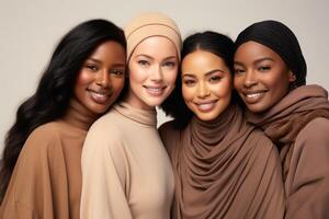 AI generated Group of multiracial females having fun against a brown background. AI Generated photo