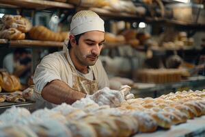 ai generado masculino panadero trabajando en panadería. ai generado foto