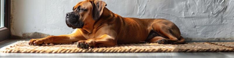 AI generated Cute relaxed dog lying on cool mat in hot day , white wall background, summer heat. ai generated photo