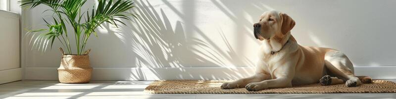 AI generated Cute relaxed dog lying on cool mat in hot day , white wall background, summer heat. ai generated photo