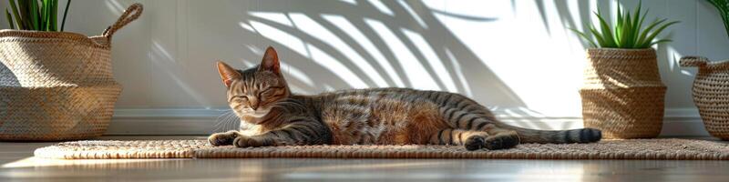 AI generated Cute relaxed cat lying on cool mat in hot day , white wall background, summer heat. ai generated photo