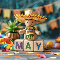 AI generated Save the date white block calendar for Cinco de Mayo, with fun Mexican cactus and hat. ai generated photo