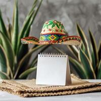 AI generated Save the date white block calendar for Cinco de Mayo, with fun Mexican cactus and hat. ai generated photo
