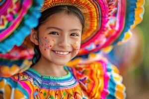 ai generado latín niña en tradicional mexicano vestir bailando a desfile o cultural festival en mexico latín America, ai generado foto