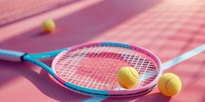 AI generated tennis rackets and tennis balls lying on pink tennis court. ai generated photo