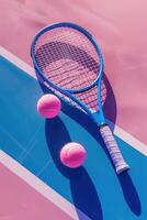 AI generated tennis rackets and tennis balls lying on pink tennis court. ai generated photo