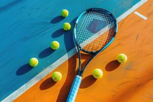 ai generado tenis raquetas y tenis pelotas acostado en naranja tenis corte. ai generado foto