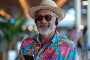 man in bright comfy summer clothes and headphones in the airport using smartphone. photo
