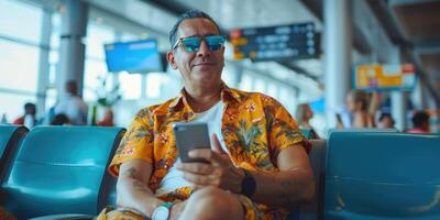 man in bright comfy summer clothes and headphones in the airport using smartphone. photo