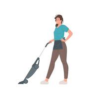 sonriente joven ama de casa en delantal limpieza piso utilizar vacío limpiador plano ilustración vector