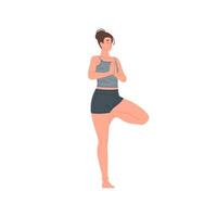 joven mujer practicando yoga en pie en árbol actitud con manos oración plano ilustración vector