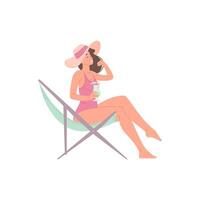 Happy relaxed woman sunbathing on chaise longue with summer cocktail enjoying sea beach vacation vector