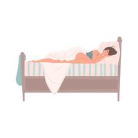 sonriente joven mujer en pijama dormido en cómodo cama cubierto por cobija relajante a hogar vector