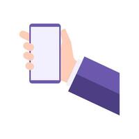 Human hand in suit vertical holding smartphone with empty screen useful application user interface vector