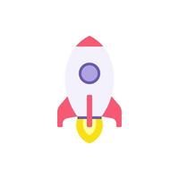 Launch spaceship with burning flame from engine flat illustration. Flying rocket for galaxy vector