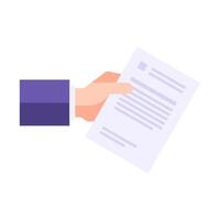 Male business hand in suit holding paper legal agreement document with printing text flat vector