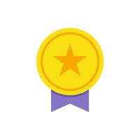 Golden circle medal with star and ribbon flat illustration. Success badge best award victory vector