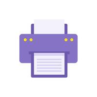 Purple simple printer with paper page for typing text illustration. Printout document list vector