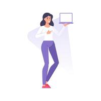 Happy modern woman pointing finger on laptop screen empty copy space internet marketing vector