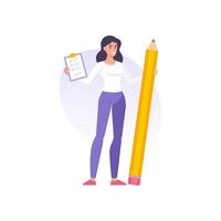 Happy successful woman holding clipboard to do list with completed tasks checkmark and pencil vector