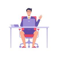 Smiling business man working remotely sitting at desk with laptop in suit, panties and slippers vector