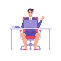 Smiling business man working remotely sitting at desk with laptop in suit, panties and slippers vector