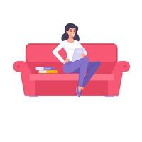 Smiling business woman working at home sitting on couch with tablet pc at stack paper documents vector