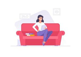 Smiling flat woman character with textbooks on couch illustration. vector