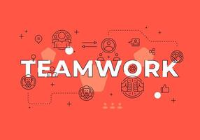 Teamwork text concept modern flat style illustration red banner with outline icons vector