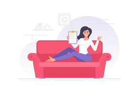 Smiling diligent woman showing clipboard with check list sitting on sofa illustration vector