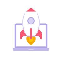 Launch rocket with fire flame at laptop screen icon . Spaceship internet marketing startup vector