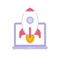 Launch rocket with fire flame at laptop screen icon . Spaceship internet marketing startup vector