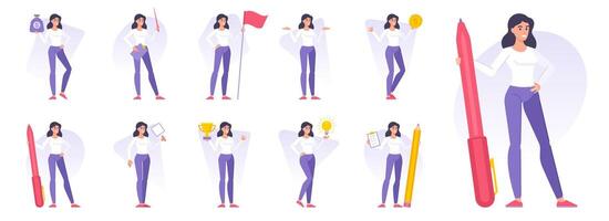 Set of modern women working on project illustrations vector