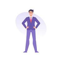 Confident successful business man in tie suit standing with hands on waist smiling positive emotion vector