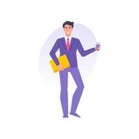 Cheerful office worker business man going to job holding coffee paper cup and documents folder vector