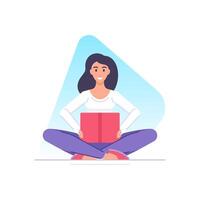 Happy woman reading paper book sitting in lotus position relaxing enjoying time for yourself vector