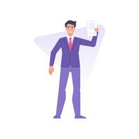 Happy businessman performing legal paper document agreement, contract, successful deal vector