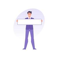 Smiling male office worker in tie suit holding white blank banner for message illustration vector