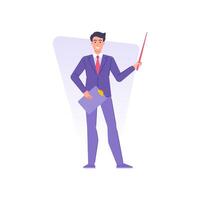 Smiling male teacher posing with clipboard and pointer leading lecture university or school lesson vector