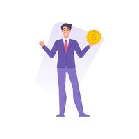 Tiny business man holding golden coin pointing thumbs up enjoying earnings wealth economy profit vector