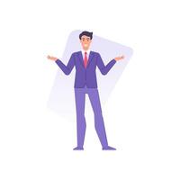 Smiling business man posing with raising hands making choice presenting gesture flat vector