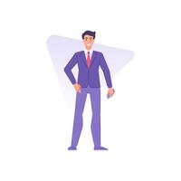 Modern successful business man in tie suit posing standing holding smartphone illustration vector