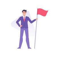 Smiling fashion business man in tie suit standing with red flag achievement, leadership motivation vector