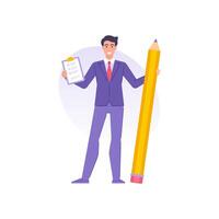 Smiling tiny man in suit tie holding pencil and clipboard with to do list checkmark flat vector