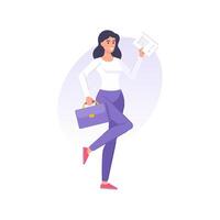 Happy cute young business woman with legal stamp paper document contract agreement flat vector