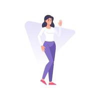 alegre joven morena mujer saludo ondulación mano con positivo emoción plano ilustración vector