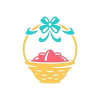Pascua de Resurrección festivo Paja cesta lleno de pintado pollo huevos decorado por arco cinta icono vector plano