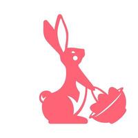 Easter rabbit pink basket full painted chicken eggs religious holiday celebration icon vector flat