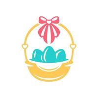 Easter chicken eggs in minimalist basket traditional religious holiday present icon vector flat