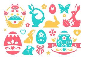 Pascua de Resurrección fiesta decoración elemento icono conjunto vector plano cristiandad primavera festivo Conejo pintado huevo
